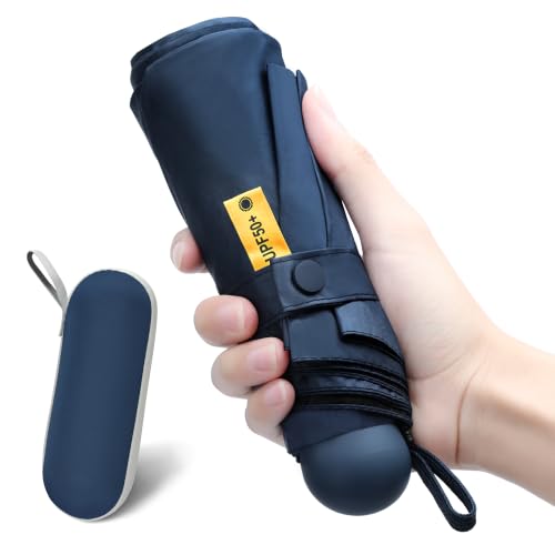 ZOMAKE Travel UV Umbrella with Storage Case Sun Protection UPF 50+ Folding Portable Compact Lightweight for Men Women (8 Ribs) (Dark Blue)