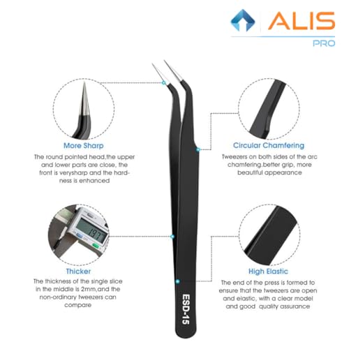 Image of Alis 10 Pcs Precision ESD Tweezer Set Anti-Static Stainless Steel Tweezer kit for Craft, Jewelry, Electronics, Soldering, Repair Work with Storage Kit Bag