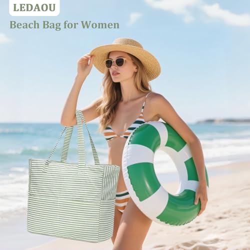 Image of LEDAOU Large Beach Bag Women Waterproof Sandproof Zipper Beach Tote Pool Bag for Swim Gym Grocery Travel with Wet Pocket