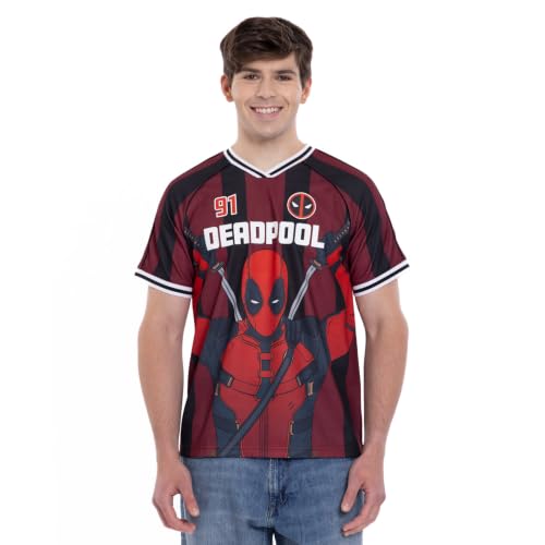 Marvel Deadpool & Wolverine Mens Allover Print Short Sleeve Mesh Raglan Graphic Tee Maroon Deadpool X-Small