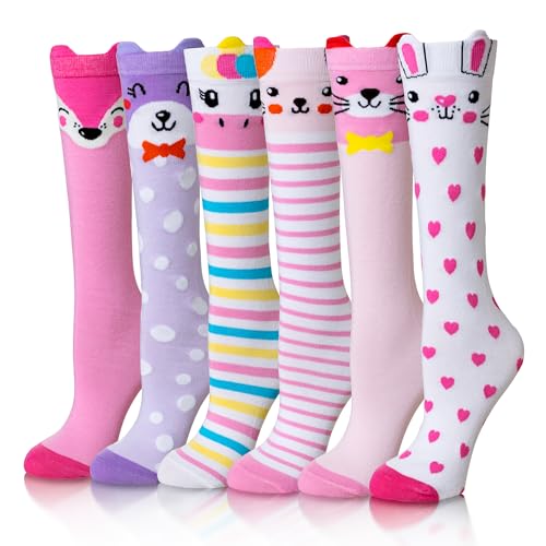 Eocom Girls Knee High Socks Kids Crazy Fun Gift Silly Tall Boot Cute Animal Cotton Long Socks 6 Pairs(Pink Purple Animal, 3-12 Years)