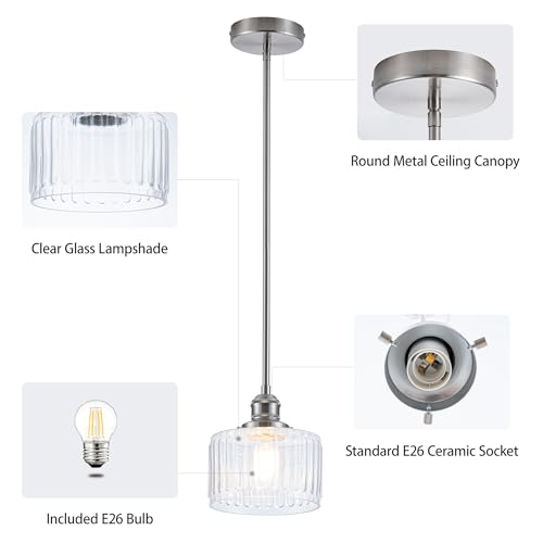 Image of MAYNA 1 Pack Modern Pendant Light with Clear Striped Glass Lmapshade, Brushed Nickel Vintage Pendant Light Fixtures, Adjustable Hanging Light for Kitchen Island Dining Room Hallway(Bulb Included)