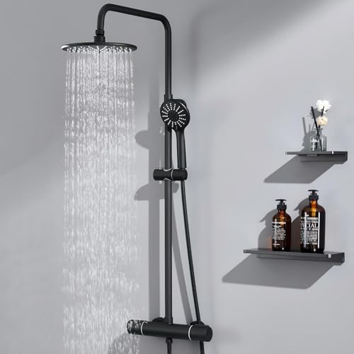 Auralum Duscharmatur Komplettset: Regendusche mit Thermostatarmatur, Höhenverstellbare Edelstahl-Duschstange, 23cm Overhead-Regendusche und Handbrause mit 3 Strahlarten & Edelstahlschlauch
