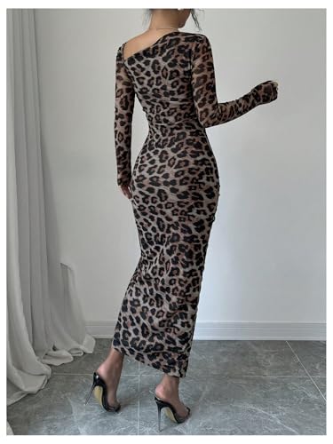 GORGLITTER Women's Maxi Leopard Spring Wedding Guest Dress Drawstring Ruched Asymmetrical Neck Split Dresses2