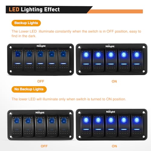 Image of Nilight - 90110E 5 Gang Aluminum Rocker Switch Panel Toggle Dash 5 Pin ON /Off Pre-Wired Rocker Switch Blue Backlit Switch for Automotive Car Marine Boat RV,2 Years Warranty