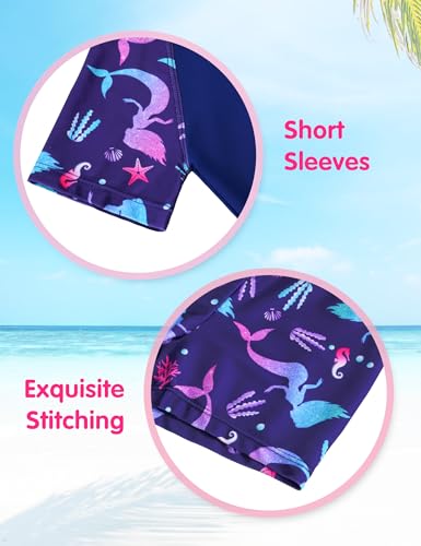 Image of Girls Swimsuit Colorful Short Sleeve Bathing Suits UPF 50+ Rash Guard Set Two Piece Summer Swimwear