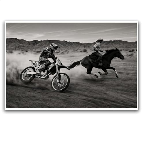ZKFANKE Vintage Black And White Poster Photography Prints Art 16x24 Inch Unframed Horse Racing Posters Motocross Wall Prints Extreme Sports Art for Bar Club Teen Boy Room Bedroom Game Room Decoration