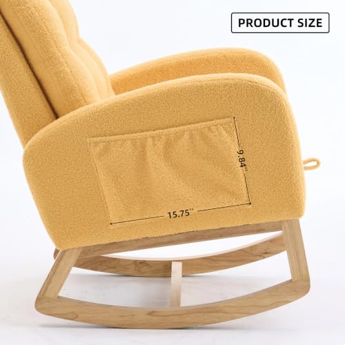 Image of Rocking Chair with Foot Rest, Nursery Rocking Chairs with Rubber Wood Legs, High Back Pocket Modern Upholstered Glider Chair, Comfy Accent Rocker Armchair for Living Room Bedroom,Yellow