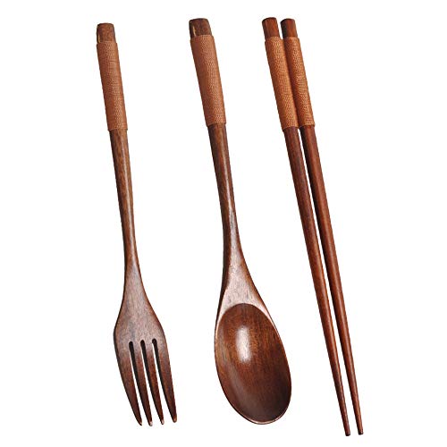 cdymrl Wooden Flatware Set, Wooden Portable Set Spoon Fork Chopsticks Tableware Dinnerware with Khaki Twining Thread