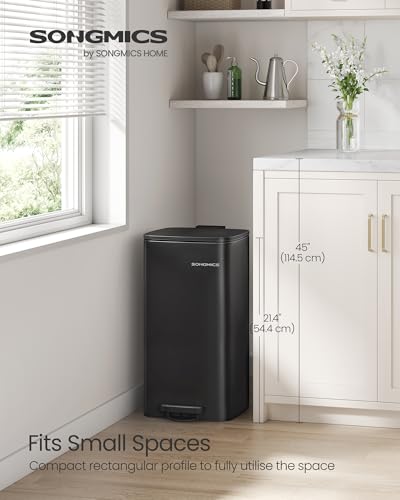 SONGMICS Kitchen Bin, 8-Gallon (30 L) Trash Bin, Steel Pedal Bin, with Inner Bucket, Soft Close and Stays Open, Ink Black LTB593B02
