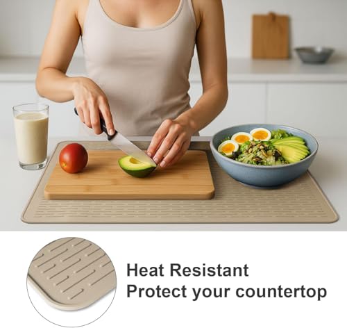 Image of Stove Top Cover for Electric Stove - Food Grade Ceramic Stove top Cover, Silicone XXL Dish Drying Mat, Glass Cooktop Covers, Flat RV Range top Mats (Taupe,30x21)
