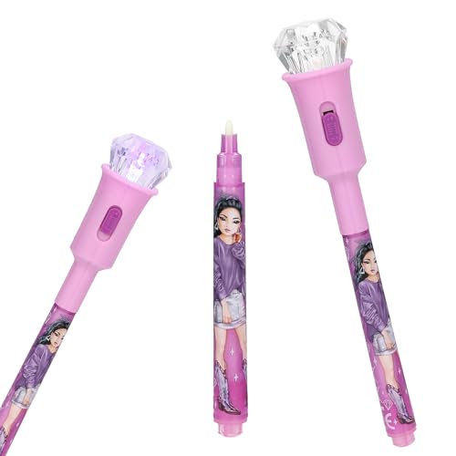 Depesche 13181 TOPModel: bolígrafo secreto en rosa, con motivos de modelos, rotulador con tinta invisible y tapón con diamantes y luz UV, incluye pilas.