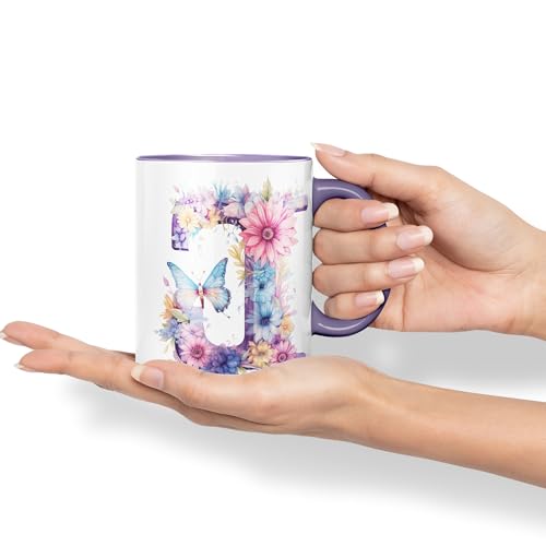 Vixar Letter J Mug, Floral Flowers Butterfly Alphabet Letter J Monogram Watercolour Ceramic Coloured Mug Cup for Tea Coffee Hot Brew 330ml 11Oz Gift (Purple) - Image 4