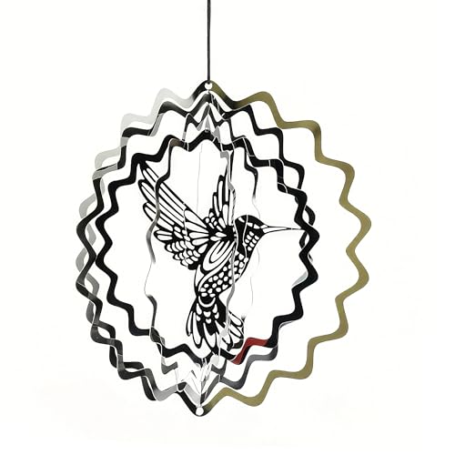 Silver Hummingbird Hanging Wind Spinner 3D – Outdoor Metal Wind Chimes for Garden with Kinetic Design – Wind Spinners Yard Decor for Balcony, Lawn Patio or Indoor Use – Garden Wind Chimes Decoration