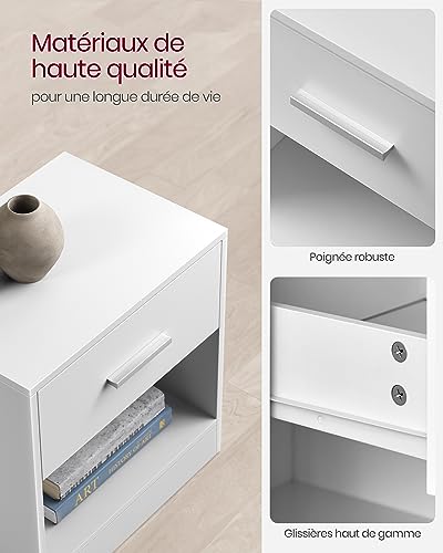 Table de Nuit Moderne Blanc, Tiroir Silencieux VASAGLE