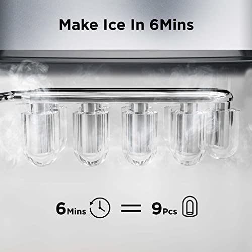 Silonn Ice Makers Countertop, 9 Cubes Ready in 6 Mins, 26lbs in 24Hrs, Self-Cleaning Ice Machine with Ice Scoop and Basket, 2 Sizes of Bullet Ice for Home Kitchen Office Bar Party, Sliver