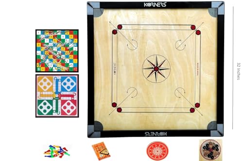 Image of KORNERS Carrom Board with Striker, Coins and Powder, Multicolor| (32 Inches Cut with Ludo)