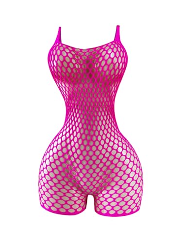OYOANGLE Women's Fishnet Dress Bodysuit Hollow Out Lingerie Chemise Nightwear Hot Pink One-Size