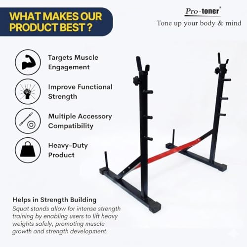 Image of Protoner Joint Squat Stand with Safety Holders, Heavy Duty Metal Frame, Adjustable Height, for Squats and Bench Presslue (Black & Red)