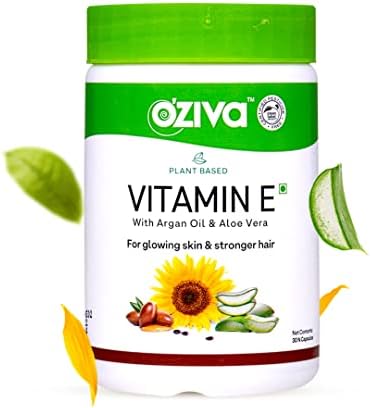 Oziva Plant Based 100% Natural Vitamin E + Aloe Vera + Argan Oil for Glowing Skin & Stronger Hair, 30 Veg Capsules, Non GMO