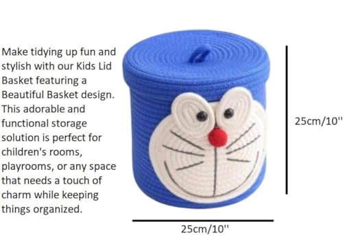 Image of Aroma Brand Kids Lid Basket with Beautiful Characters - Rope Storage Basket for Baby Diaper, Stuffed Animal Storage Bin Rope Basket for Kids Toy, Baby Laundry Baskets with Lid (Doraemon)