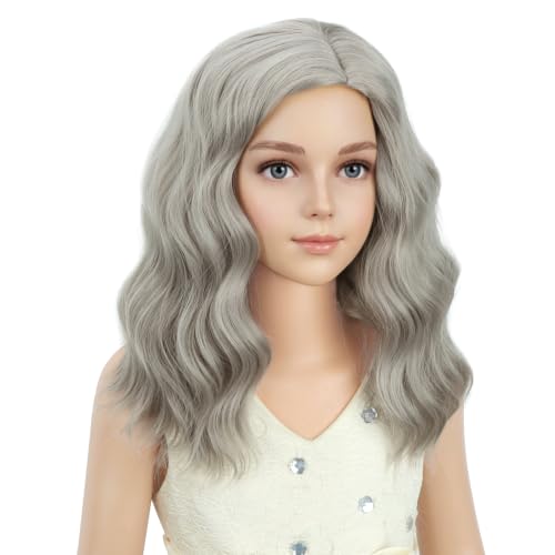 Image of PATTNIUM Kids Girls Gray Wig Old Lady Gray Grandma Wig for Kids Short Curly Wavy Grey Child Wigs Heat Resistant Synthetic Wigs