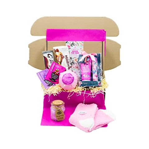 Women's Pamper Box with Hand Cream and Emery Board Set, Soy Candle, Jumbo Bath Bomb, Cosy Socks, Galaxy Treats and Fairtrade Clipper Tea by Inside the Box Gifts Cover