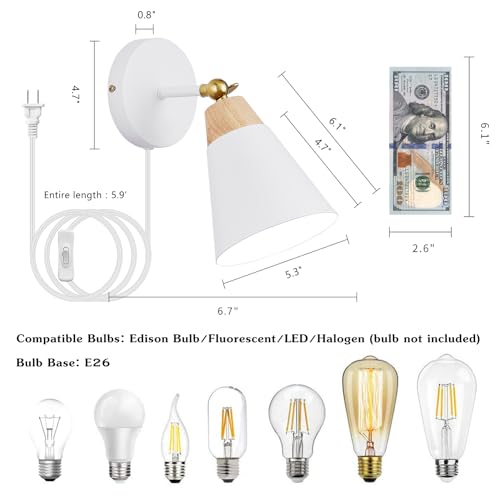 Image of Wall Sconce Set of 2, Wall Sconce with Metal Shade, Plug Switch, Indoor Decor Wall Mount Swing Arm Lamp for Bedroom,Hallway,Living Room,Reading, White