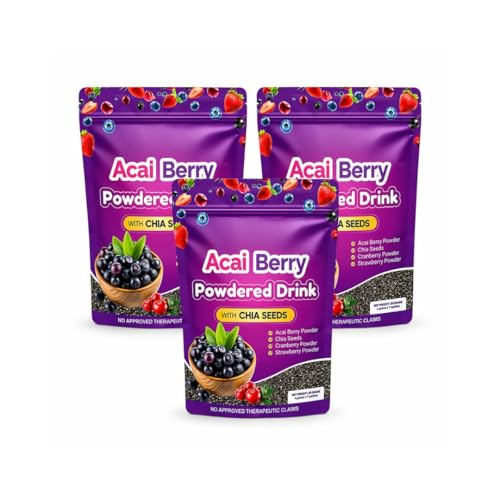 3 Packs Acai Berry Powdered Drink with Chia Seeds Super Berry Blend with Acai Cranberry & Strawberry Easy-Mix Daily Beverage Powder Smooth Fruity Taste (28g per pack)