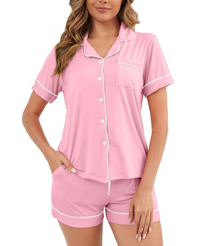 Image of Womens Pajamas Set Short Sleeve Sleepwear Button Down Pjs Shorts Set Soft Pjs Lounge Set With Pockets