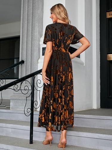 Image of Simplee Women's V Neck Velvet Maxi Dress Short Sleeve Empire Waist Long Formal Dress for Wedding Guest