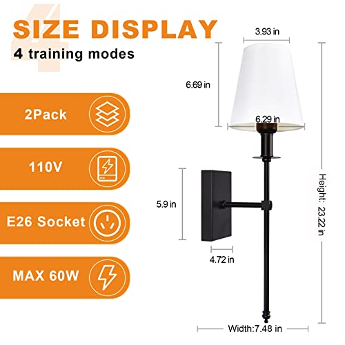 Passica Decor Wall Sconces Set Of Two 2 Pack Modern Matt Black With Vertical Rod And White Fabric Flared Shade,Versatile Used In Bathroom Stairway Fireplace Living Room Bedroom Farmhouse Nightstands #TOP1