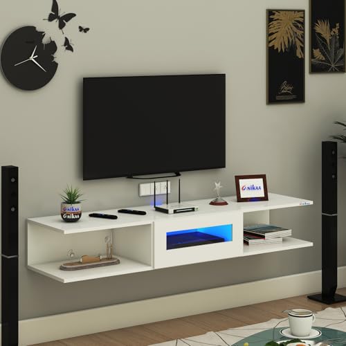 Image of Anikaa Vetra Wall Mount Modern Floating TV Unit for Living Room with Open Shelf Storage Cabinet & Middle Cabinet Blue LED Light (Ideal for 32 to 65 inch TV, DIY Installation, White Finish)