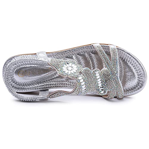 Odema Womens Glitter Flat Sandals Rhinestone Open Toe Slip-On Dress Shoes #TOP6