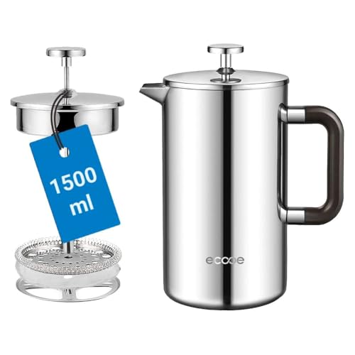 ecooe 1.5L French Press Kaffee Doppelwandiger Kaffeebereiter aus 18/10 Rostenfrei Edelstahl mit 3 Filtern Silber 1500ml 1