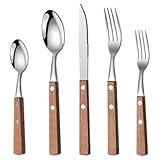 ibasenice Edelstahl Servierbesteck mit Ergonomischem Holzgriff Wiederverwendbares 5 Stück Besteckset für Events und Familienessen Messer Gabel Löffel Teelöffel Teegabel
