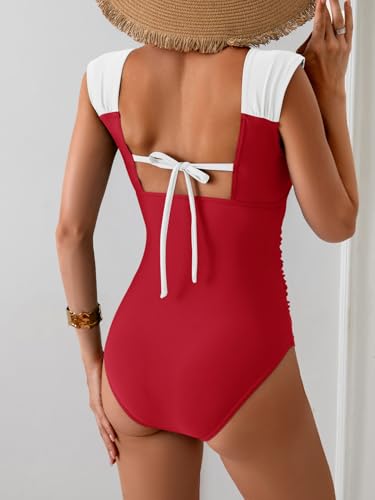 Image of B2prity Womens One Piece Swimsuit Retro Square Neck Tummy Control Bathing Suits Ruched Modest Full Coverage Swimwear