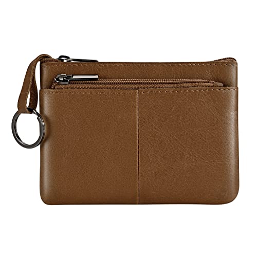 Lidwot Genuine Leather Coin Purse Wallet Mini Zip Change Purse Wallet Coin Pouch with Key Chain 3 Zippers, Brown, Wallet Coin Pouch With Key Chain 3 Zippers