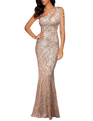 Women One Shoulder 1920s Plus Size Formal Dress Tassels Sleeve Sequins Gatsby Maxi Evening Gown