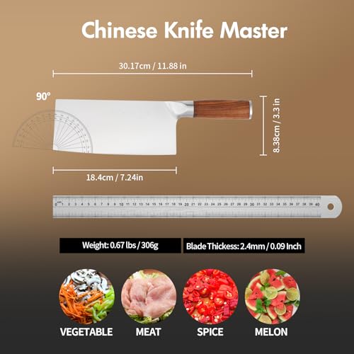 SHI BA ZI ZUO 7 Inches Stainless Steel Meat and Vegetable Cleaver Knife with Ergonomic and Sturdy Wooden Handle