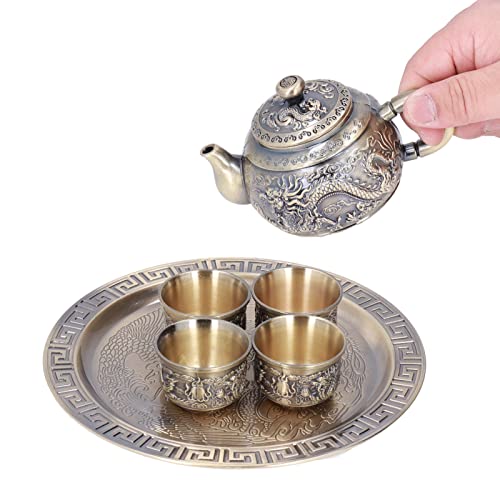 Hapivida Juego de Té, Elegante Juego de Té de Metal con Patrón de Dragón, 4 Tazas y Tetera, Aleación de Zinc, Decoración de Mesa para Amantes del Té