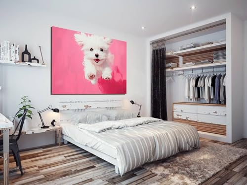 Cuadros decorativos para salón con diseño de lienzo abstracto de perro rosa enmarcado 2