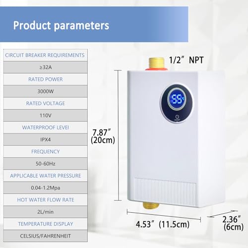 image for ECOTINYMACH 110V Tankless Water Heater Electric, 3000W Compact Water H