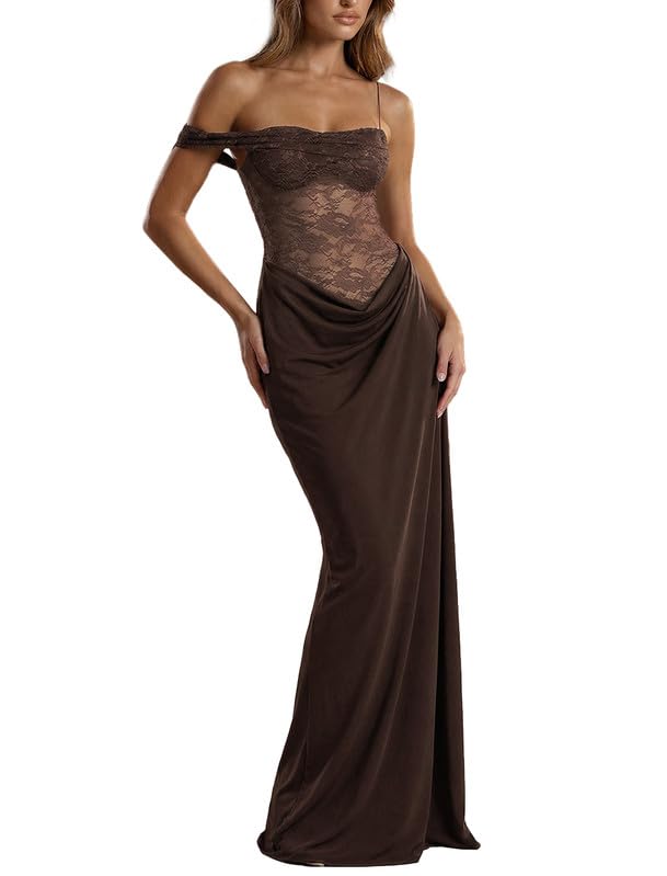 Sukiglam Vestito Donna Elegante Monospalla Spaghetti Strap Abito Lungo in Pizzo Floreale Aderente Vestiti Senza Maniche Sexy Maxi Abiti con Alto Spaccato Laterale Bodycon Abito da Discoteca Festa Sera