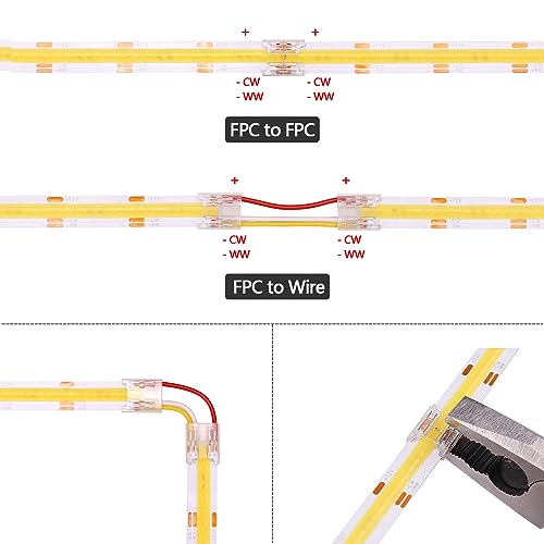 GOMING 10mm/0.39in CCT COB LED Strip Connector Kit 4Pin 10Pcs Strip to Wire Transparent Gapless Connectors 6Pcs Strip to Strip Connectors 5Pcs 15cm/5.9in Extension Wires for CCT COB LED Strip - Image 4