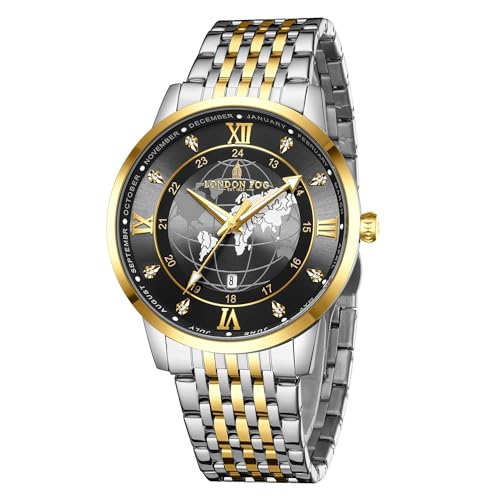 London Fog Baker Collection Analog Quartz Watch for Men with Black Dial, Two Tone Silver & Gold Stainless Steel Strap, Luminous Hands and World Map Dial Design...