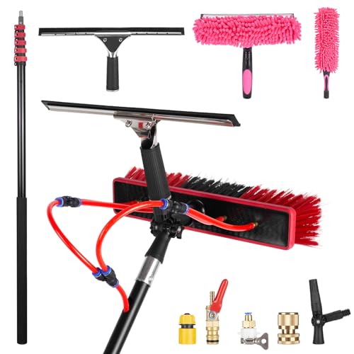 Image of 30ft Long Reach Solar Panel Cleaning Brush Kit, Telescopic Water Fed Pole, Squeegee & 2 Dusting Brushes for Window Outdoor Roof Cleaner Kit