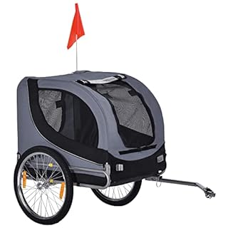 PawHut Rimorchio Bici per Cani Taglia Media con Finestre Laterali e Bandierina, Rimorchio per Bici in Acciaio e Tessuto Oxford, 130x73x90 cm, Grigio e Nero
