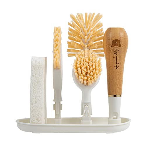 Image of Phiderlan 4-in-1 Kitchen Dish Brush Set,Bamboo Handle Crevice Brush with Storage Holder,Interchangeable Brush Heads,and Cleaning Tools for Bottles,Dishes,and Corners