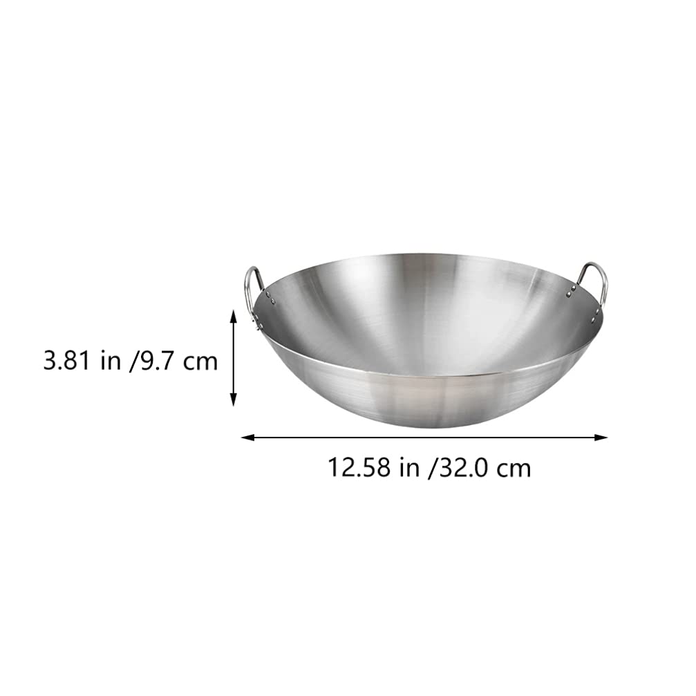 Kichvoe 32,5 x 9,5 cm Wokpfanne aus Edelstahl, für Wok, Grillen, Wok, Grillpfanne, Bratpfanne, runder Boden, chinesischer Wok mit Doppelgriff